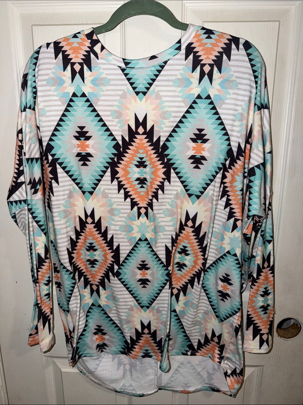 Avery Aztec Geometric Long Sleeve Top in Mint, Peach & Black